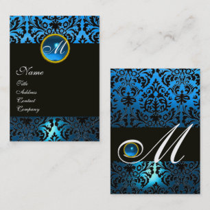 BLACK BLUE DAMASK FLORAL MONOGRAM Sapphire Gem Business Card