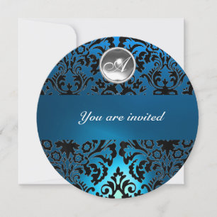 BLACK & BLUE DAMASK GEM STONE MONOGRAM INVITATION