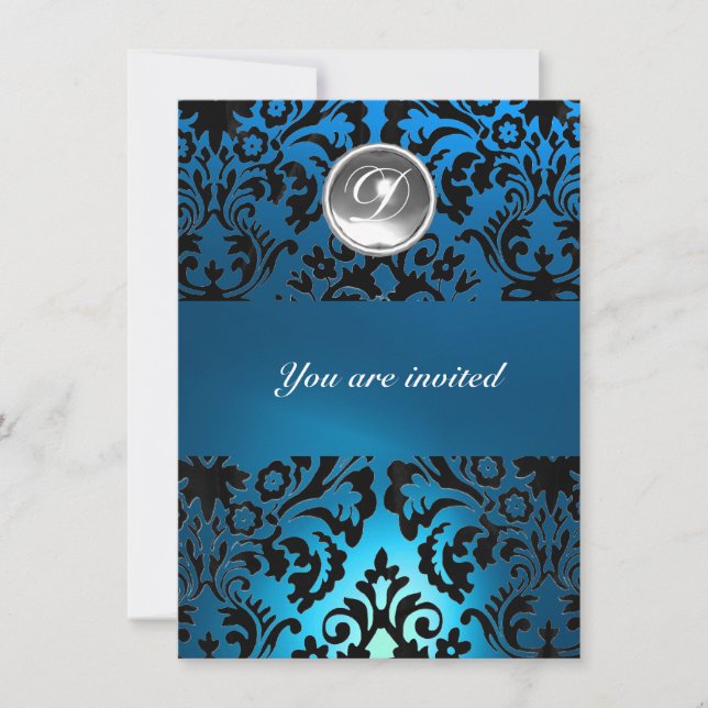 BLACK & BLUE DAMASK GEM STONE MONOGRAM white Invitation (Front)