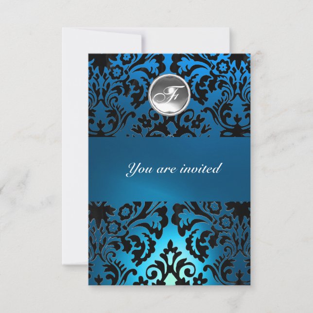 BLACK & BLUE DAMASK GEM STONE MONOGRAM white Invitation (Front)