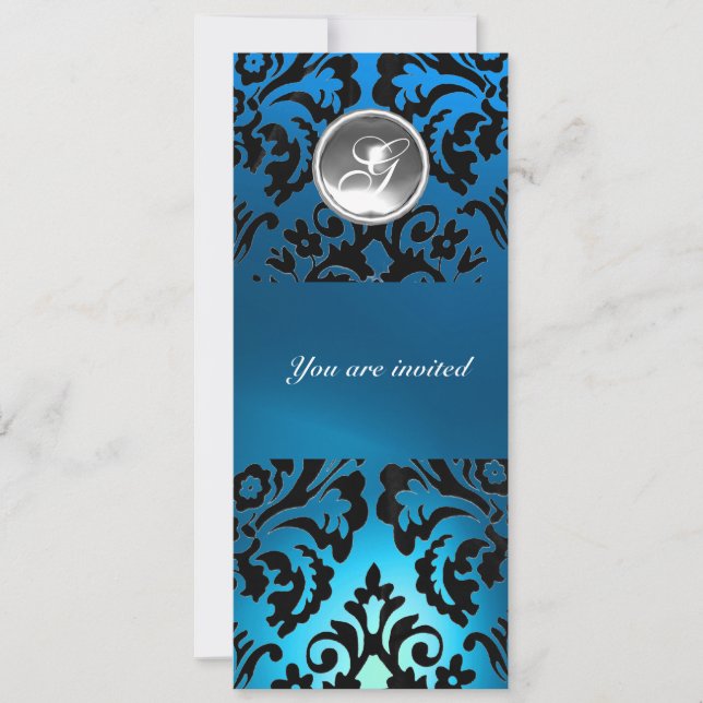 BLACK & BLUE DAMASK GEM STONE MONOGRAM white Invitation (Front)