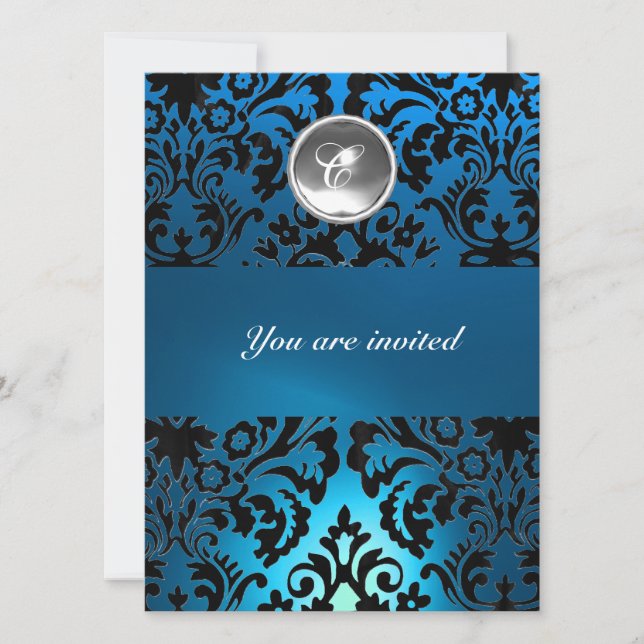 BLACK & BLUE DAMASK GEM STONE MONOGRAM white Invitation (Front)
