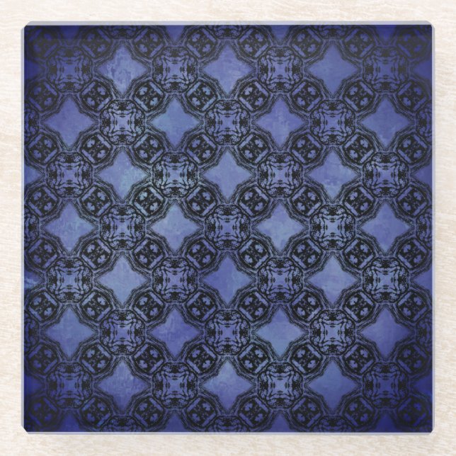 Black & Blue Diamond Chains Pattern Glass Coaster (Front)