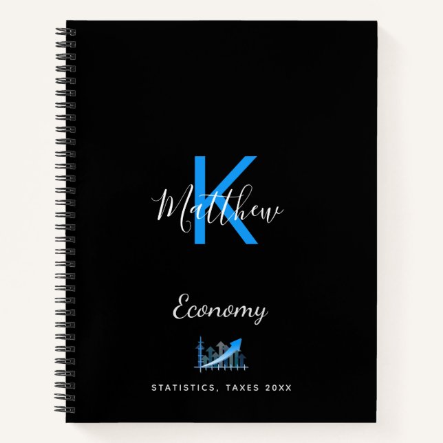 Black blue economy office monogram notebook (Front)