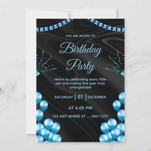 Black Blue Elegant Birthday Party Invitation (Front)