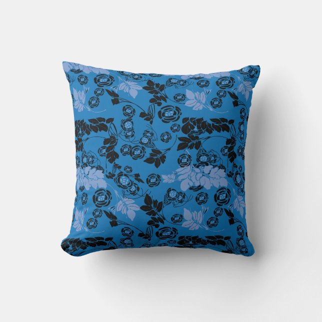 Black Blue flora patterns Cushion (Front)