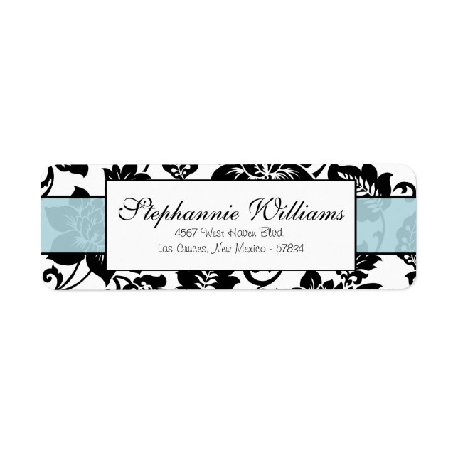 Black/Blue Floral Damask Wedding Address Label (Front)