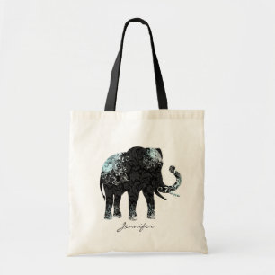 Black & Blue Floral Elephant Tote Bag