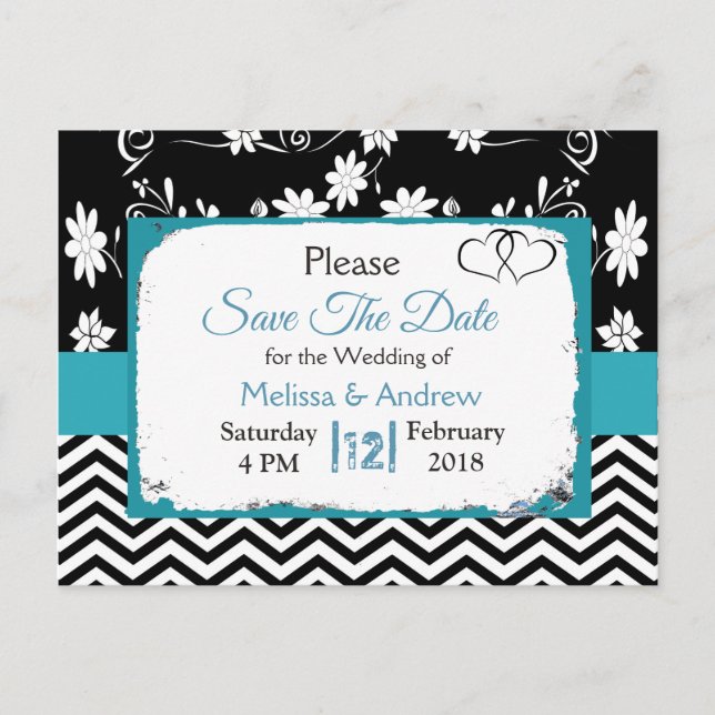 Black & Blue Floral Hearts Save the Date Announcement Postcard (Front)