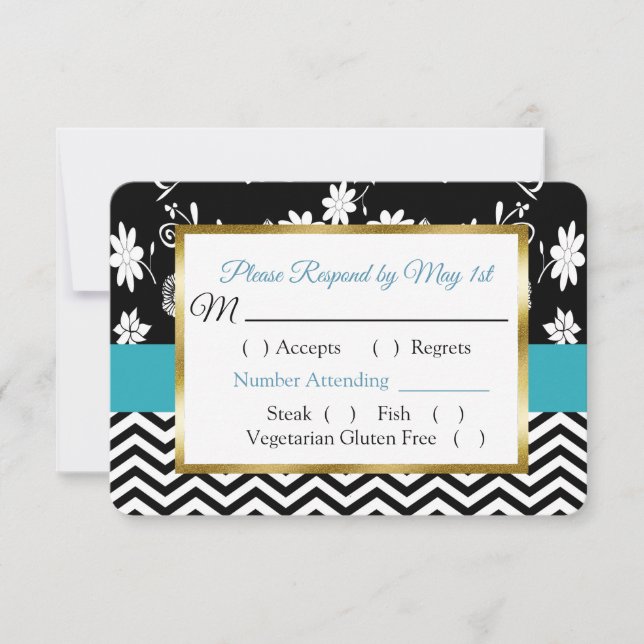 Black & Blue Floral Hearts Wedding RSVP card (Front)