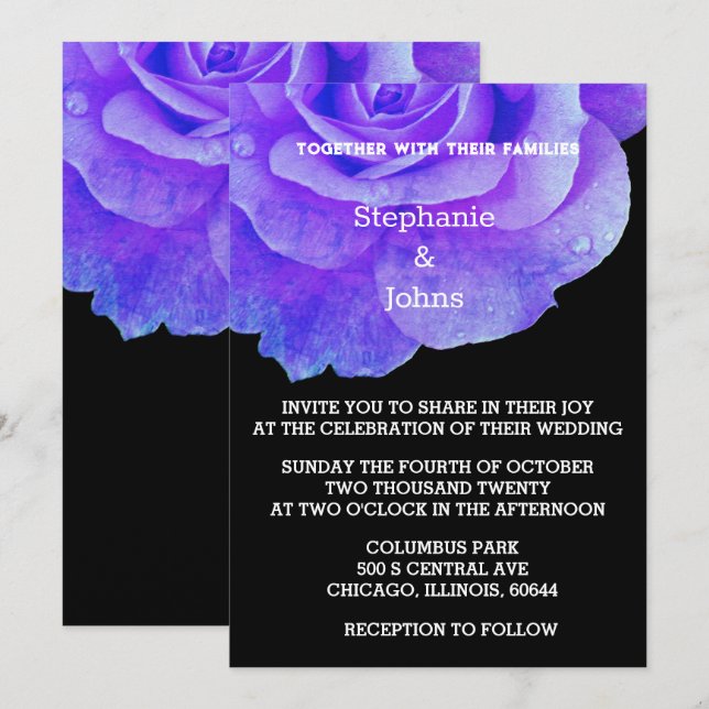Black Blue Floral Rose Flower Rustic Boho Wedding Invitation (Front/Back)