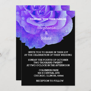 Black Blue Floral Rose Flower Rustic Boho Wedding Invitation