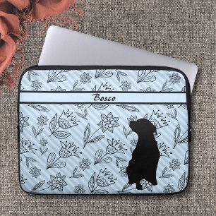 Black-Blue Flower Striped with Dog Silhouette  Laptop Sleeve