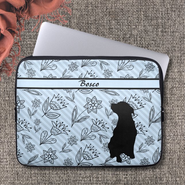 Black-Blue Flower Striped with Dog Silhouette  Laptop Sleeve (Creator Uploaded)