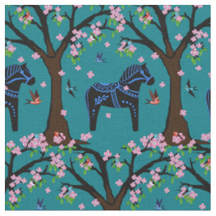Black/blue Folk Dala horse/Folk birds/flowers 2.7 Fabric