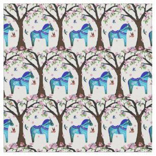Black/blue Folk Dala horse/Folk birds/flowers Fabric