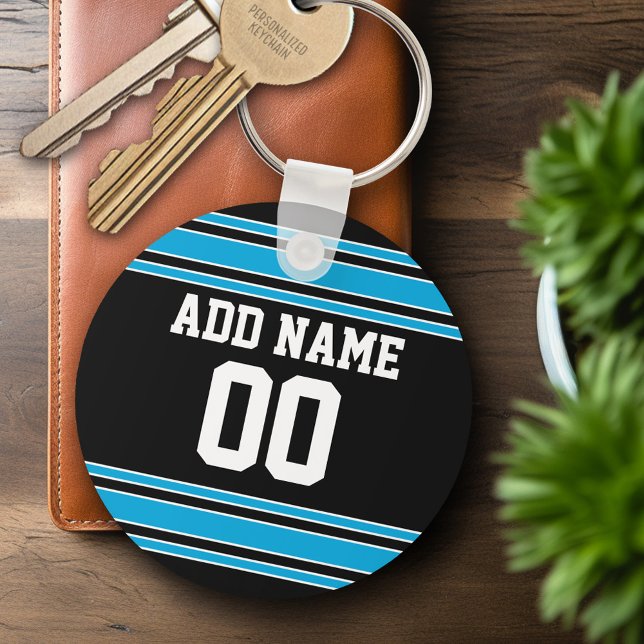 Black Blue Football Jersey Custom Name Number Key Ring (Personalized Keychain - Sports Jersey Football Theme)