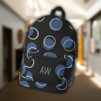 Black & Blue Geometric Circles Monogram Initials Printed Backpack