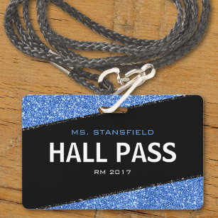 Black & Blue Glitter School Teacher Hall Pass ID Badge