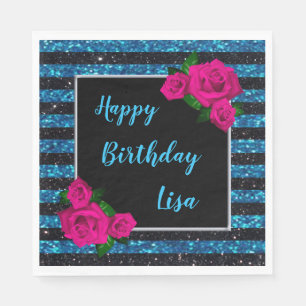 Black Blue Glitter Stripes Pink Roses Birthday Napkin