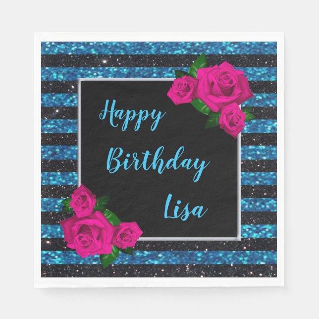 Black Blue Glitter Stripes Pink Roses Birthday Napkin (Front)