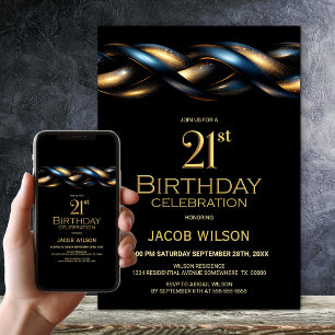 Black Blue Gold 21st Birthday Party Invitation