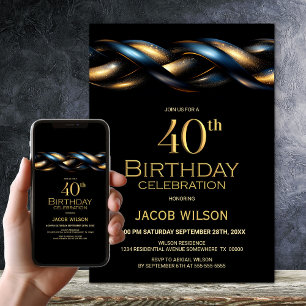 Black Blue Gold 40th Birthday Party Invitation