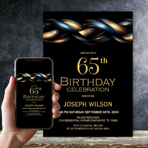 Black Blue Gold 65th Birthday Party Invitation