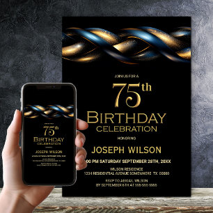 Black Blue Gold 75th Birthday Party Invitation