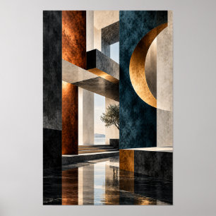 Black Blue Gold Architectural Geometry Abstract Wa Poster