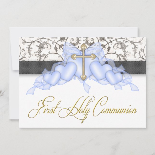Black Blue Gold Cross Boys Blue First Communion Invitation (Front)