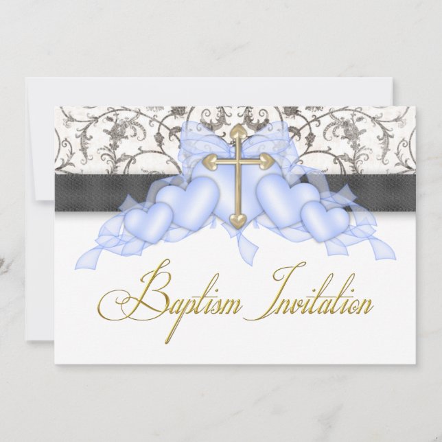 Black Blue Gold Cross Boys Blue First Communion Invitation (Front)