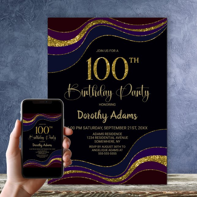 Black Blue Gold Glitter 100th Birthday Party Invitation (Creator Uploaded)