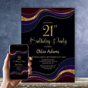 Black Blue Gold Glitter 21st Birthday Party Invitation