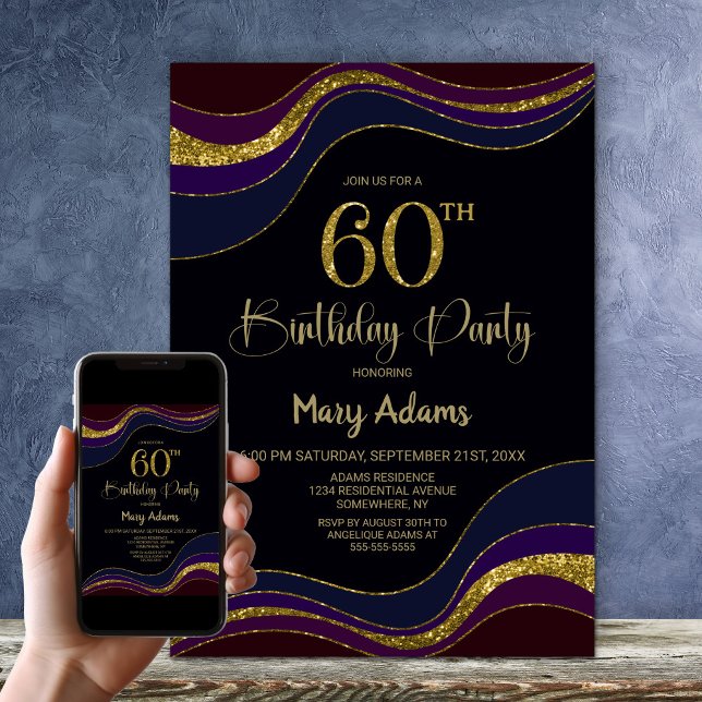 Black Blue Gold Glitter 60th Birthday Party Invitation (Creator Uploaded)