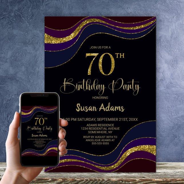 Black Blue Gold Glitter 70th Birthday Party Invitation (Creator Uploaded)