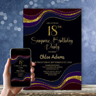 Black Blue Gold Glitter Surprise 18th Birthday Invitation