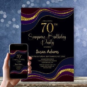 Black Blue Gold Glitter Surprise 70th Birthday Invitation