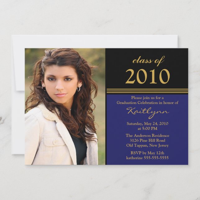 Black, Blue & Gold Photo Graduation Invitation (Front)