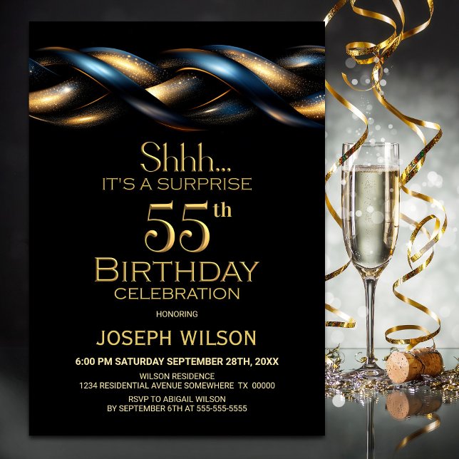 Black Blue Gold Surprise 55th Birthday Party Invitation (Creator Uploaded)