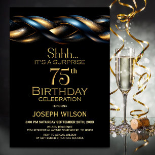 Black Blue Gold Surprise 75th Birthday Party Invitation