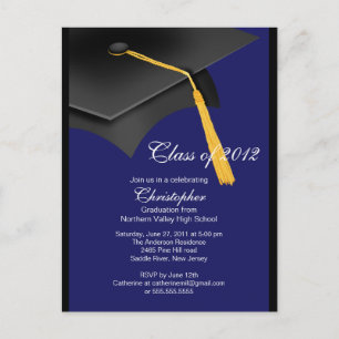 Black Blue Grad Cap Graduation Party Invitation
