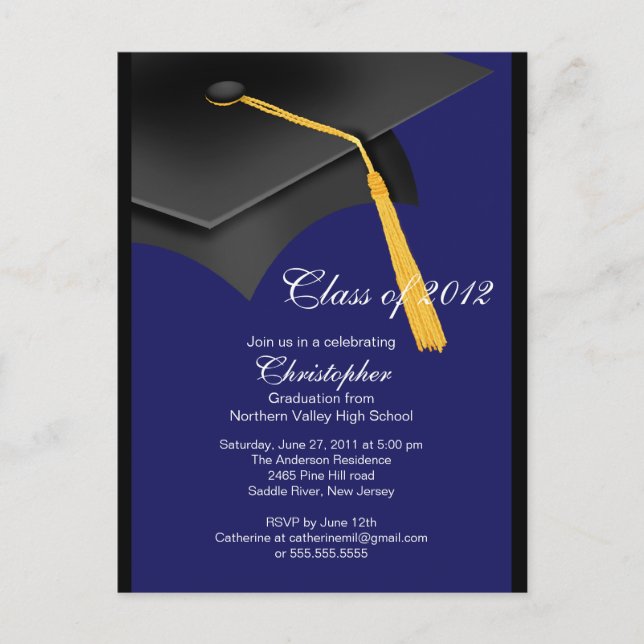 Black Blue Grad Cap Graduation Party Invitation (Front)
