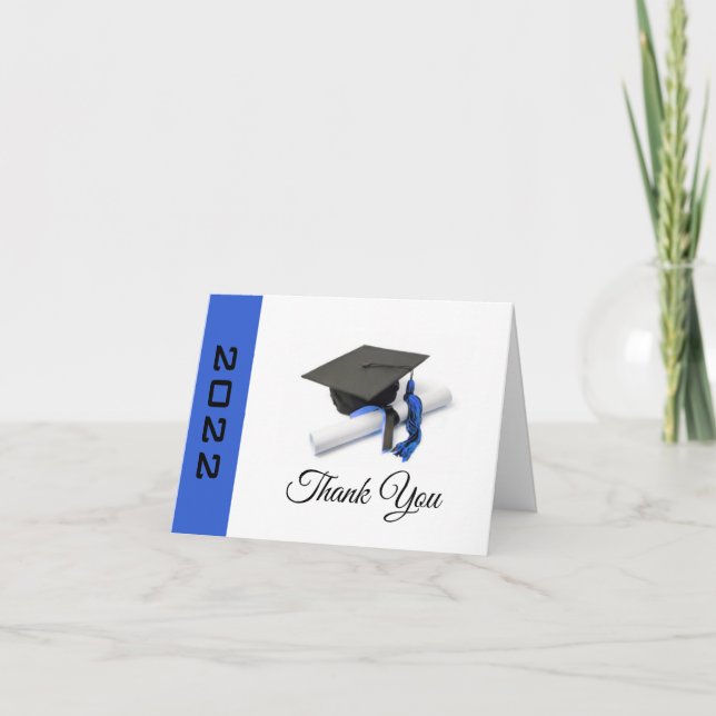 Black & Blue Graduation Cap and Tassel Thank You Card (Front)