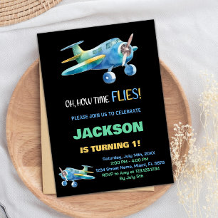 Black Blue Green Aeroplane Birthday Invitations