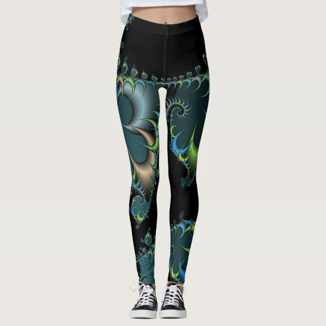 Black Blue Green Digital Abstract Leggings (Front)