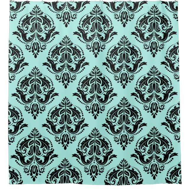 Black & Blue-green Floral Damasks Pattern Shower Curtain (Front)