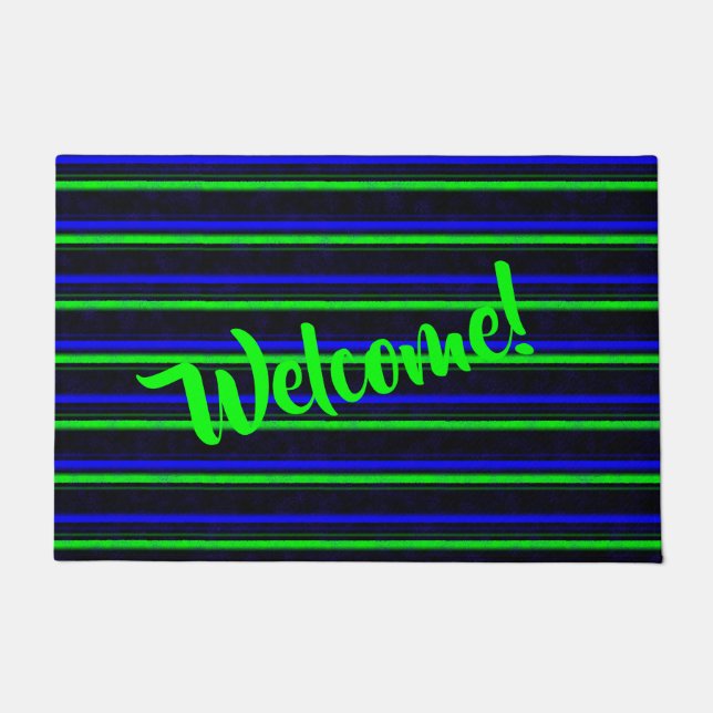 Black Blue Green Stripes Doormat (Front)
