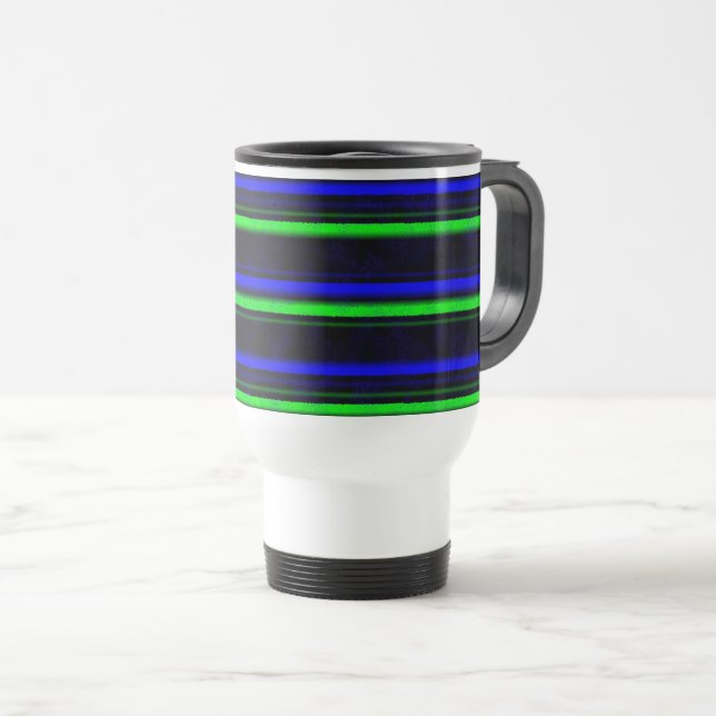 Black Blue Green Stripes Travel Mug (Front Right)