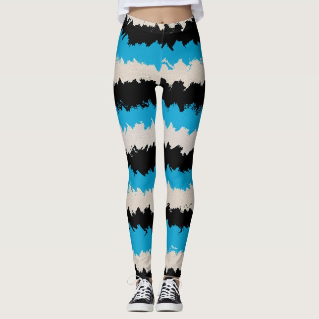 Black Blue Grey Abstract Stripe Pattern Leggings (Front)